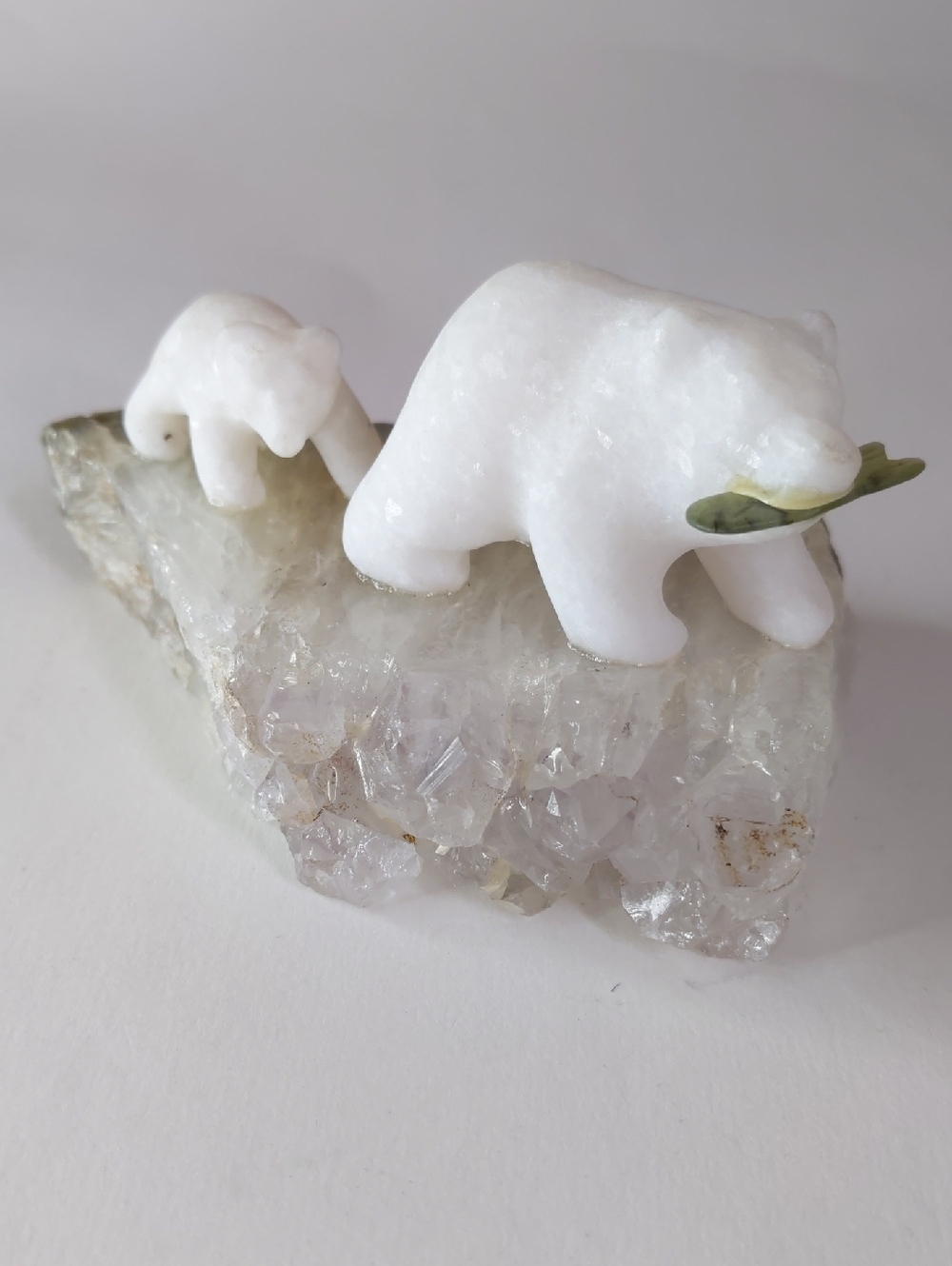 White Marble Bears Figurine Set on Crystal Base - Decorative Home Accent